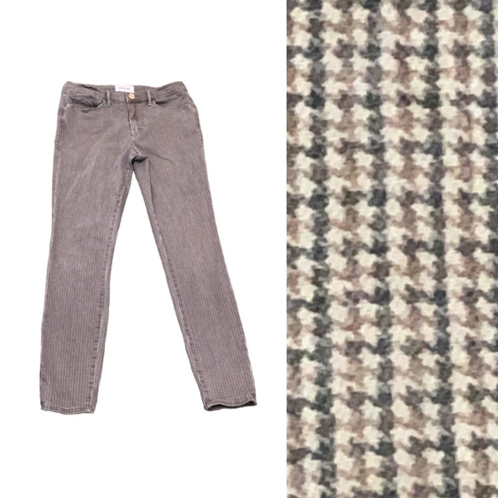 Frame Denim High-Rise Houndstooth Corduroy Jeans in Taupe and Cream